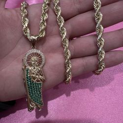 14k CZ San Judas and 24in Rope Chain