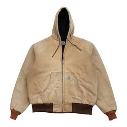 Vintage Carhartt Jacket Large L Mens Beige Hoodie Duck Canvas Quilted USA J140