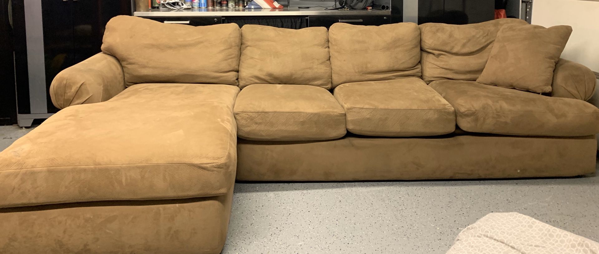 Microsuede couch. 11’ width. Chaise section extends 5’9”