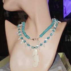 Vintage Carved Bone Seahorse, Apatite, Turquoise, MOP Seahorses, 30" Necklace 