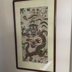 Antique Chinese Mandarin Silk Embroidered Green Dragon Later Qing 19th Century 