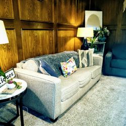 Living room 7 piece set. Couch, chair, 2 tables & 2 navy lamps.  Loveseat is also available for extra price 