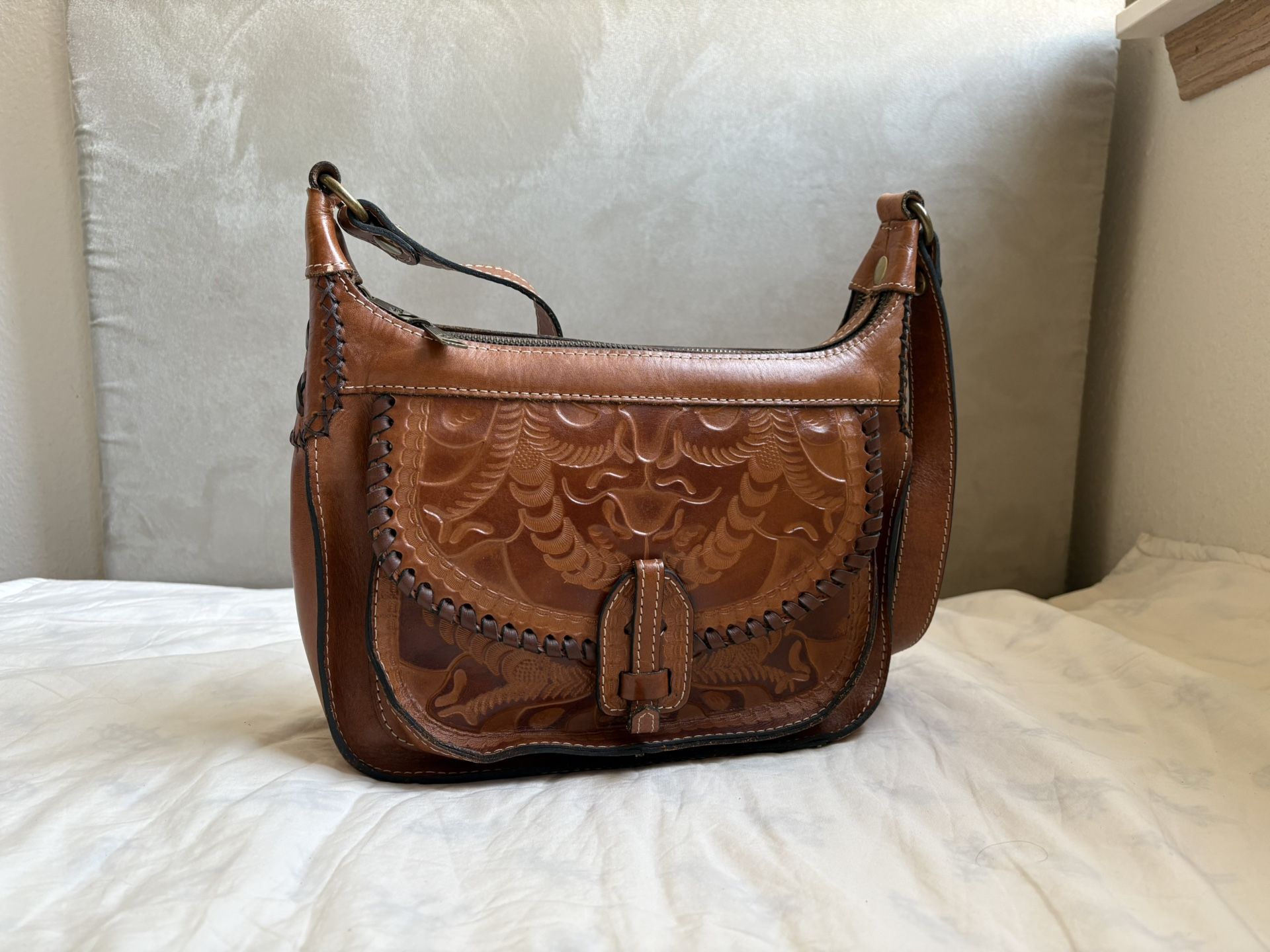 PATRICIA NASH Brown Crossbody Bag with Tooled Leather Design