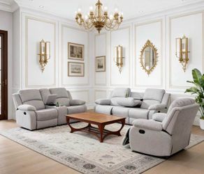 COSTCO Gray chenille fully reclining three piece couch set