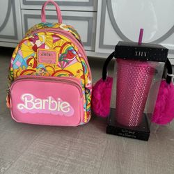 Loungefly Barbie Mini Backpack And Tumbler with Ear Warmer Bundle 