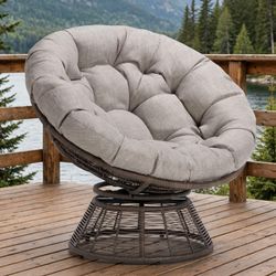 Swivel Papasan Chair — Upgraded Version, Dark Brown Wicker Base, Grey Cushion (Brand New)