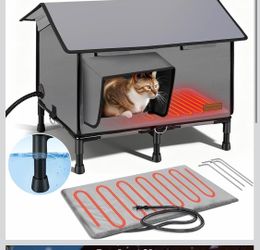 Qvamoda Heated Cat House w/ Thermostat Electric Heating Waterproof Gray