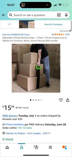 Adjustable Lifting Moving Straps - 2 Pack 1-Person Support up to 500Lbs for Furniture, Boxes, House-Moving With Handle