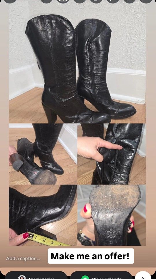 Black Italian Leather Heeled Boots – Size 39 (US 8–8.5)
