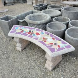 Concrete Mosaic Tile Inlay Curved Benches / Cement Garden Patio Bench / Outdoor Patio Furniture