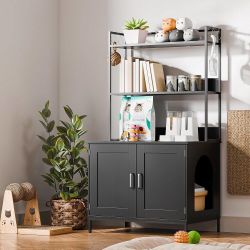 Cozy Castle Cat Litter Box Enclosure with Storage, 57'' Hidden Cat House Furniture, Wooden Cat Cabinet with Shelves & 4 S-Hooks, Indoor Cat Litter Box