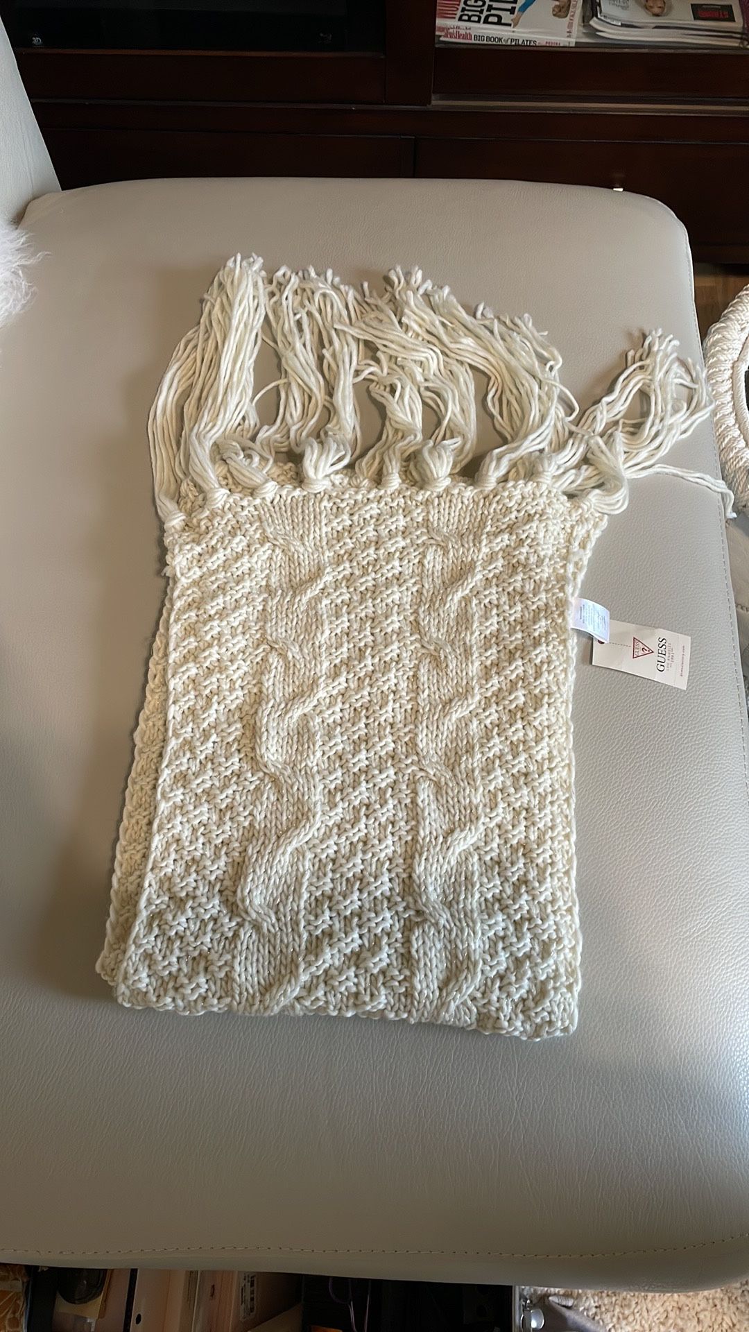 New Guess scarf cream off white silver acrylic 71” long plus the fringe 11” wide