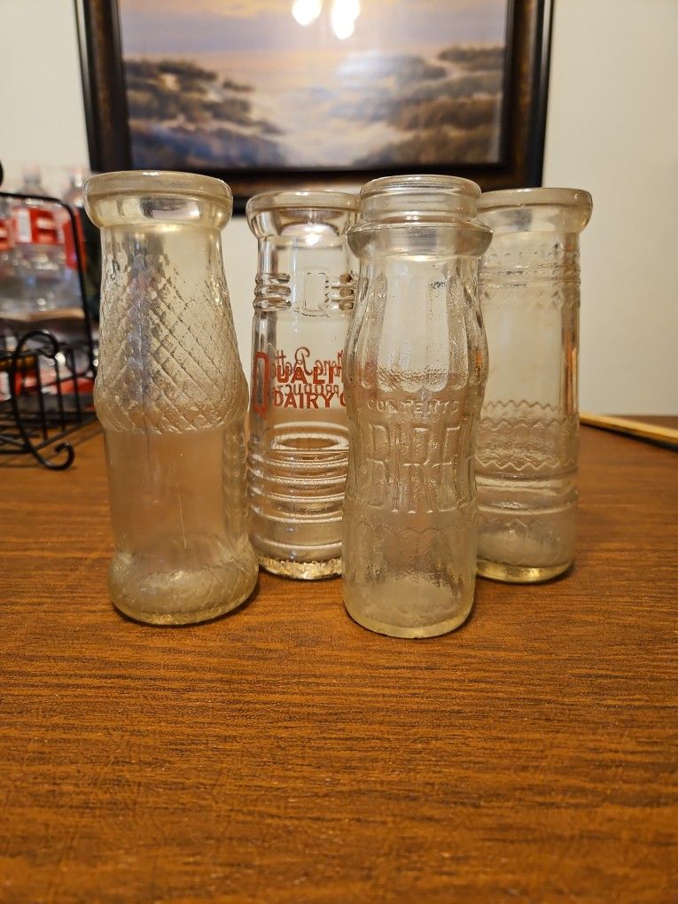 4 Old Glass Baby Bottles & Rack