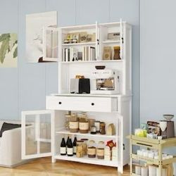 Glass Door Kitchen Pantry Cabinet with Spacious Countertop and Adjustable Shelves, Freestanding Display Cabinet, White，$220