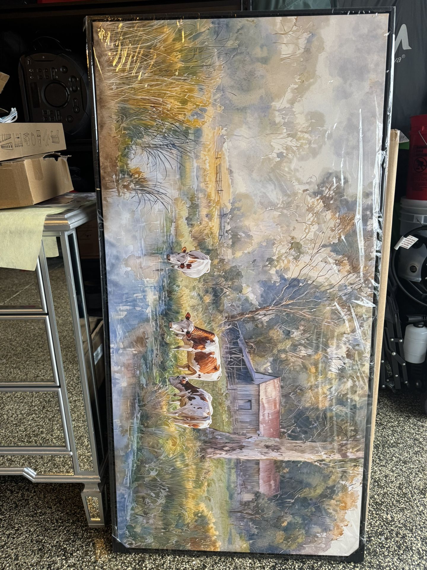 Large Framed Canvas Painting - 24x48 Watercolor Landscape Wall Decor, Country ture with Wooden House and Green Trees, w Art Prints for Bedroom Living