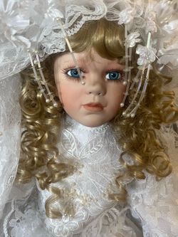 Porcelain Collector Doll in White Lace Dress
