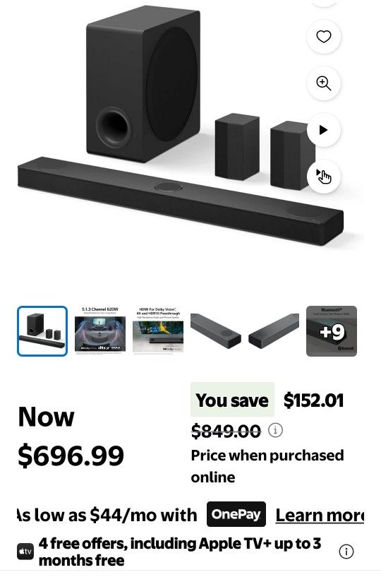 LG 5.1.3 Channel Soundbar with Dolby Atmos and Rear Surround Speakers, S80TR