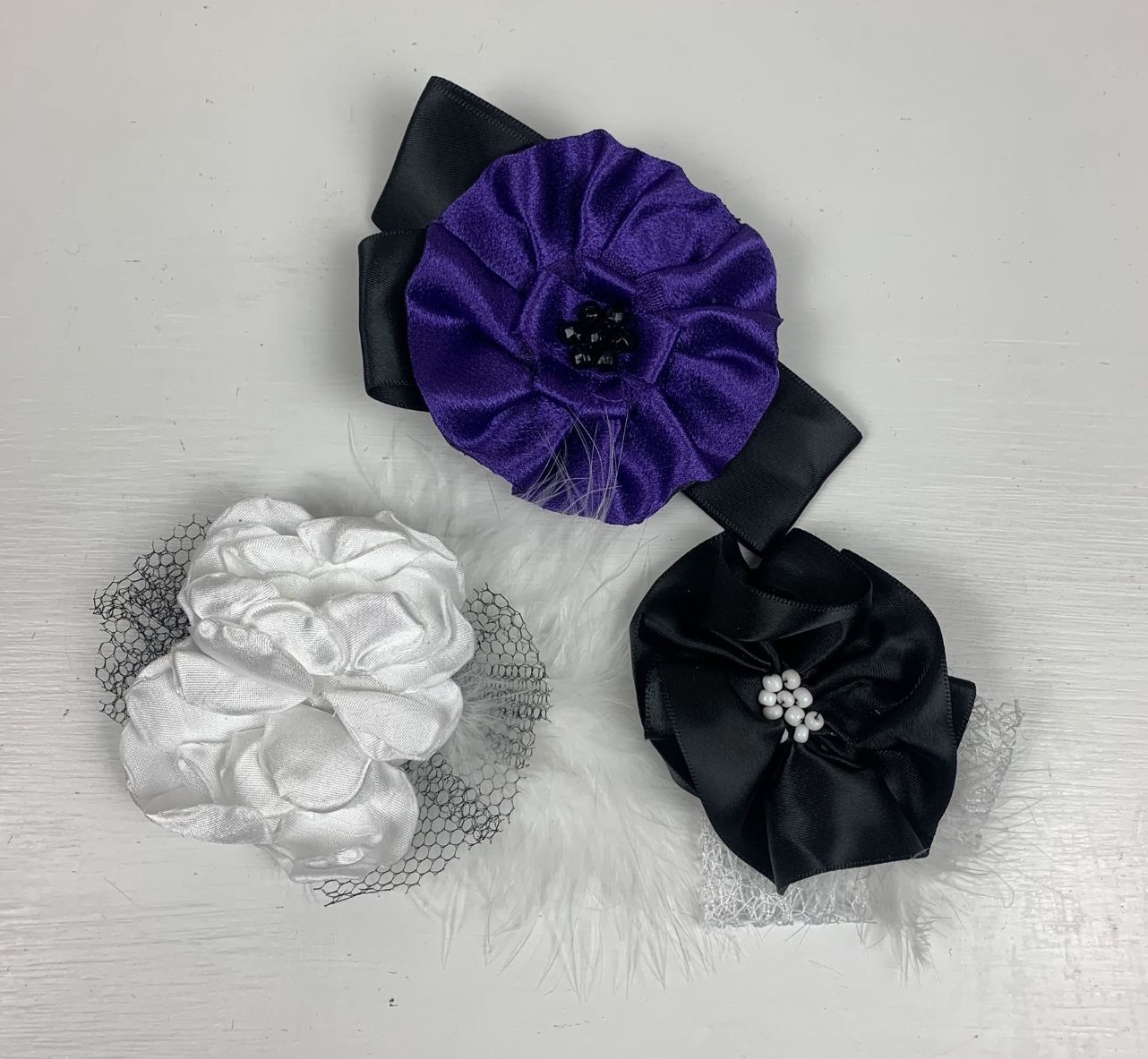White Purple Black Feathered Clips