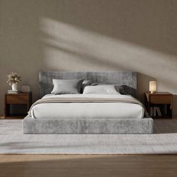 Gray Upholstered Platform King Bed Frame