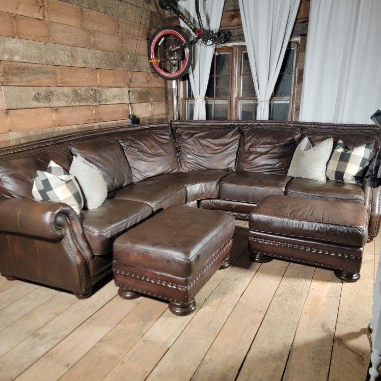 Bernhardt genuine leather sectional with dual ottomans
