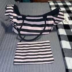 Brand New no tags never used Victoria's Secret Black Pink Striped Duffel Travel Beach Tote Bag Cosmetic Pouch $35 for set must pick up 