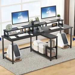 83.7 Inch Two Person Desk with Storage Shelves and Power Outlets, Double Desk with Monitor Stand - Brand New in Box  