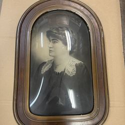 Antique Convex Curved Bubble Glass Picture Frame With Portrait Of Woman