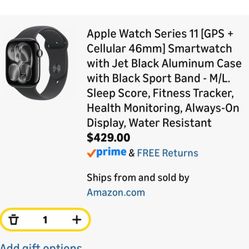 Apple Watch Series 11 [GPS + Cellular 46mm] Smartwatch with Jet Black Aluminum Case with Black Sport Band - M/L. Sleep Score, Fitness Tracker, Health 