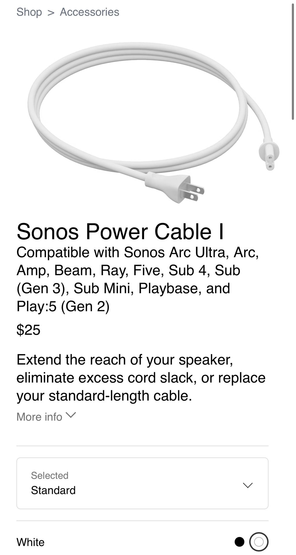 Sonos Power Cable White