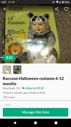 6 to 12-month raccoon Halloween costume
