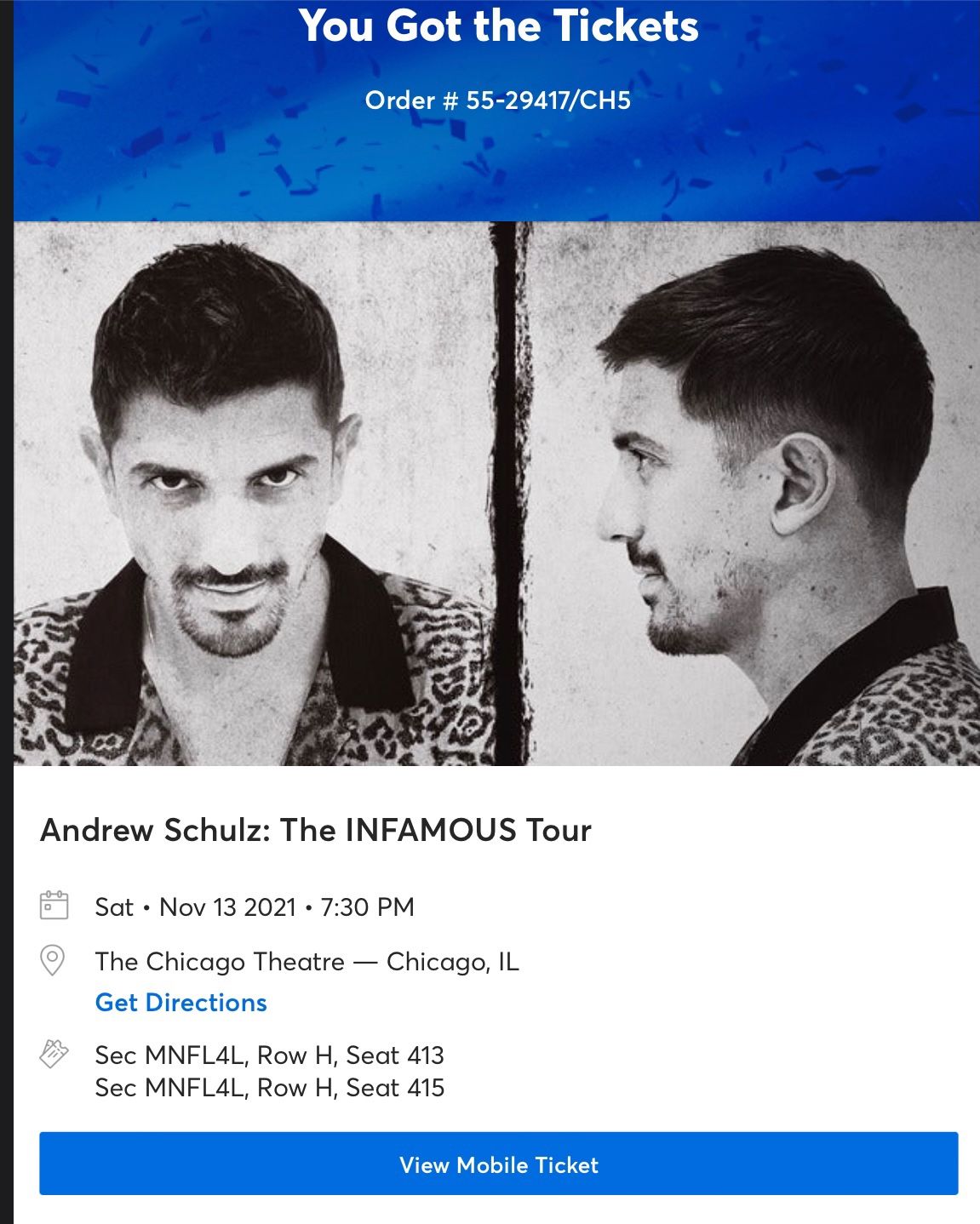 Andrew Schulz Chicago Theatre Tickets MAIN FLOOR 11/12/21
