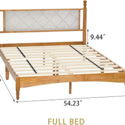 Full Bed Frame with Fabric Upholstered Headboard, Solid Rubber Wood Central Supports, Rustic Oak/White 