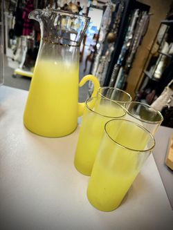 Vintage Mid Century MCM Frosted Sunshine Yellow Pitcher With 4 Glasses Set