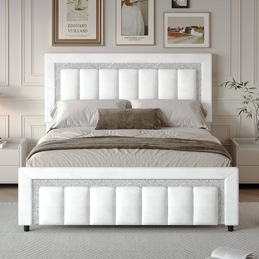 Bed Frame Queen Size with Diamond Headboard, Velvet Upholstered Platform Bed with Headboard and Footboard, Wooden Slats Support, No Box Spr