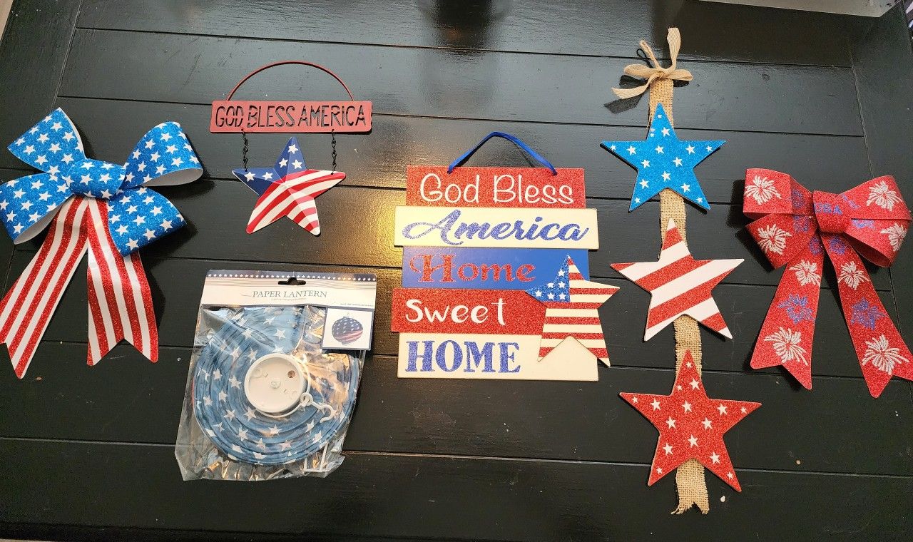 4th OF JULY all NEW American Flag (52x30) And Wood & Metal God Bless America Stars And Stripes Bows Americana Decorations