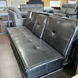 Black Leather Futon with Drop Down Console 
