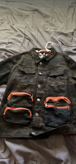 Tactical Camo Utility Jacket with Neon Orange Zippers – Size 18