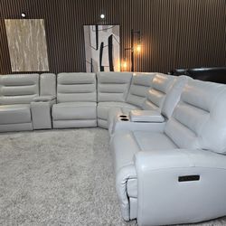 New - Aubrey 7-piece Leather Power Zero Gravity Reclining Sectional, Power Headrests