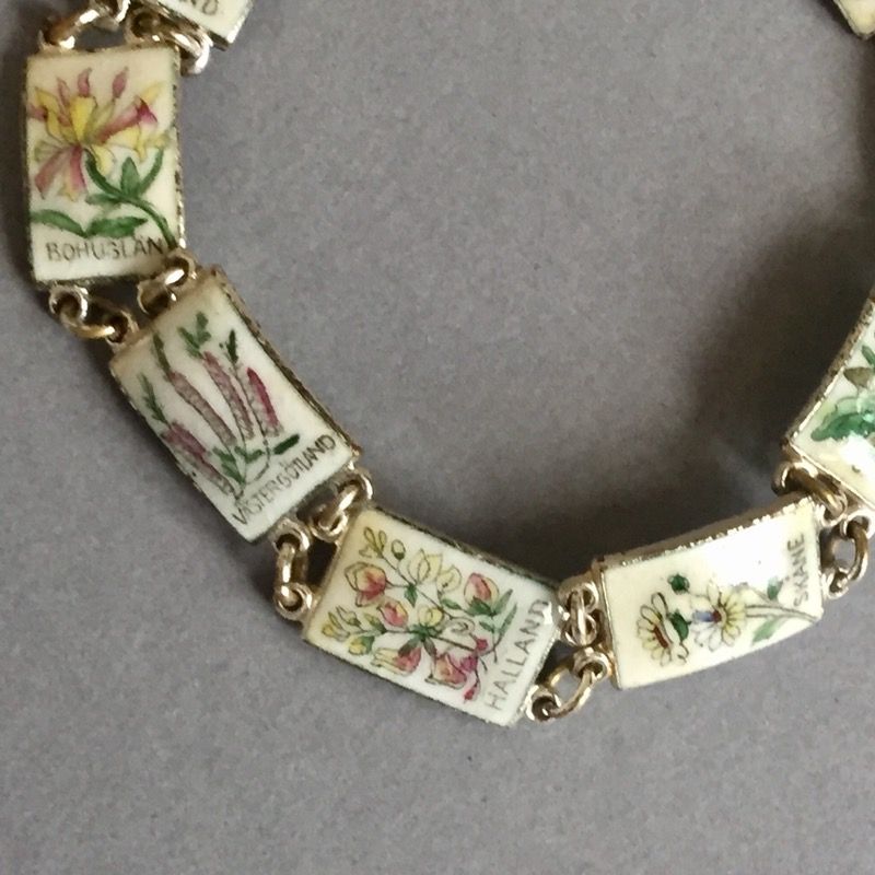 Vintage Enamel Souvenir Bracelet Enamel Flowers Sweden Jewelry Link