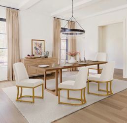 4X Beige fabric with gold metal leg dining chairs