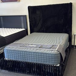Black corduroy queen platform bed frame