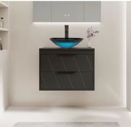 eclife 24” Black Bathroom Vanity w/ Turquoise Glass Vessel Sink & Faucet Set