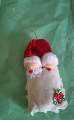 Vintage CHRISTMAS Hanging Ornament Santa And Mrs Claus In Bed