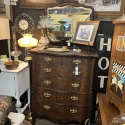 Antique Vintage Dark Brown Dresser and Mirror