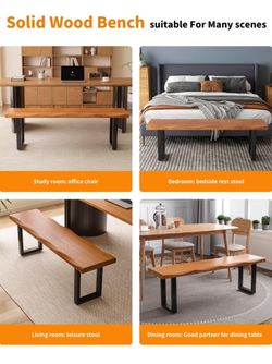 Modern Rustic Solid Wood Bench with Black Metal Legs, Industrial Farmhouse Style, Natural Wood Finish