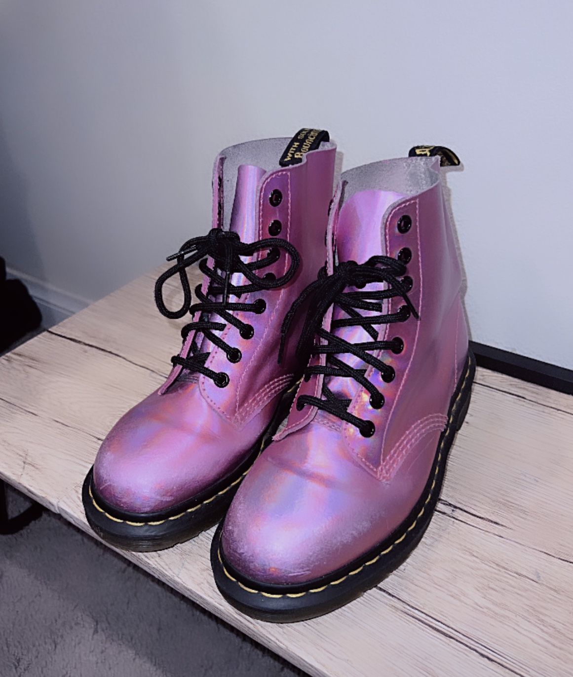 Martens Pink Reflective Metallic Leather Pascal Lace Up Boots
