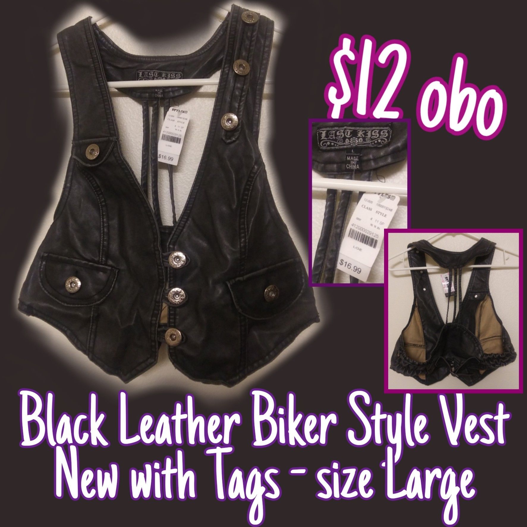 NEW Last Kiss black leather vest size Large