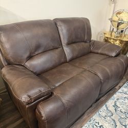 Genuine Leather Power Reclining Loveseat – Brown – Excellent Condition