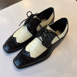 Men Size 9.5 Bolano Black and White Crocodile Print Spectator Wingtip Oxfords