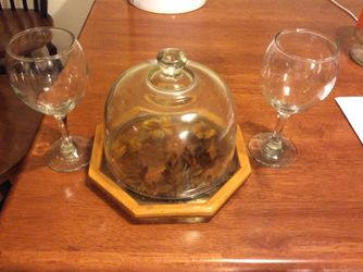 Vintage cheese dome and 2 wine glasses